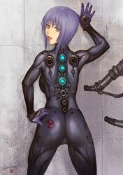 1girl ariverkao ass back bodysuit brown_eyes cameltoe chinese_commentary commentary highres lips looking_back mecha_pilot_suit original plugsuit purple_hair short_hair solo subdermal_port