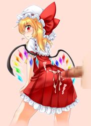 1boy apparel_bukkake ass blonde_hair buttjob cum cum_on_ass cum_on_clothes female flandre_scarlet looking_back penis rubbing touhou