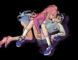 2girls alien_stage black_hair blue_footwear blue_hair blue_skirt clothed_sex crying denim_shorts fingering_pussy mizi_(alien_stage) official_alternate_costume on_back pencil_skirt pink_footwear pink_hair pink_hoodie sua_(alien_stage) two_tone_hair vagina white_shirt yuri