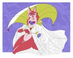 anthro blue_eyes bracelet canid canine cape clothing femboy flaccid flower fox fur genitals hi_res holding_flower holding_object jewelry male mammal multicolored_body multicolored_fur penis plant reagan700 red_body red_fox red_fur solo tail tan_body tan_fur thick_thighs true_fox wide_hips