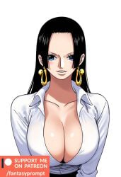 ai_generated black_hair blue_eyes boa_hancock cleavage fantasyprompt female female female_only huge_breasts long_hair manga one_piece original white_background white_shirt