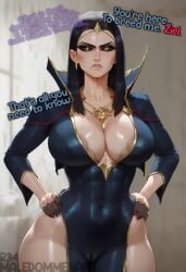 black_sclera dark_hair demanding demanding_sex dress gold_eyes gold_jewelry golden_eyes hands_on_hips huge_breasts imminent_sex league_of_legends leblanc maledommenant pussy_bulge serious_look tagme talking talking_to_partner text thick_thighs wide_hips ziel_(maledommenant)