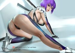 ariverkao ass barcode barcode_tattoo breasts dated female ghost_in_the_shell gloves hanging_breasts high_heels kusanagi_motoko large_breasts lips looking_at_viewer on_one_knee patreon_logo purple_eyes purple_hair revealing_clothes short_hair signature solo tattoo