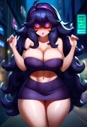 1girls :o ai_generated big_breasts bimbofication blush cleavage hands_up hex_maniac huge_breasts midriff miniskirt navel night novelai pink_eyes pokemon pokemon_xy puckered_lips purple_lipstick purple_nails solo strapless street tgm101_(artist) thick_thighs thin_waist wide_hips