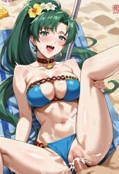 ai_generated beach big_breasts bikini cum cum_in_pussy cum_inside cum_on_breasts fire_emblem green_hair laying_on_ground long_ponytail lyn_(fire_emblem) missionary_position orgasm orgasm_face ponytail spread_legs sweat