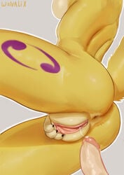 2017 anthro anus ass cum_trail digimon female fur male nude pussy renamon tattoo wolvalix yellow_fur