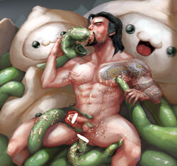 1boy abs anal anal_sex balls bara black_hair blizzard_entertainment censored cum facial_hair hanzo human male male_only mammal muscles nipples nude oral overwatch overwatch_2 pachimari pecs penis tattoo tentacle tentacle_on_male