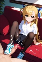 1boy 1girls ahoge ai_generated black_shorts blonde_hair cum cum_on_footwear cum_on_pantyhose cum_on_shirt cum_on_shoes cum_on_shorts cum_on_socks cumshot flat_chest footwear footwear_focus green_eyes hair_ribbon heterochromia long_hair mahou_shoujo_lyrical_nanoha mahou_shoujo_lyrical_nanoha_strikers pantyhose penis red_eyes sarcasm shoejob smile sneakers stomping stomping_on_dick two_side_up vivio white_shirt