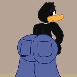 2022 anthro ass avian bird bottomwear bottomwear_only butt_focus cringebird daffy_duck duck furry hand_on_hip jeans looking_at_viewer looking_back looney_tunes pants tagme the_looney_tunes_show topless