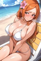 1girls ai_generated beach big_breasts bikini bleach blush breasts embarrassed flower inoue_orihime orange_hair solo solo_female