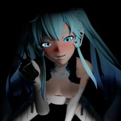 blue_eyes blush hatsune_miku looking_at_viewer peace_sign pov racing_miku smile tagme