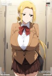 ai_generated blonde_hair camera_view gigantic_breasts hagimura_suzu huge_breasts light-skinned_female light_skin massive_breasts school_uniform schoolgirl seitokai_yakuindomo solo_female squatting sweat sweatdrop thick_body thick_female twintails voluptuous voluptuous_female yellow_eyes yok_(artist)