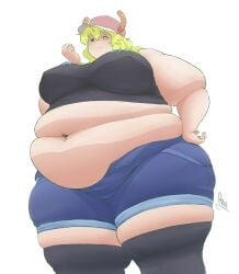 baseball_cap bbw big_belly black_tank_top blonde_hair denim_shorts double_belly fat fat_belly female female female female_only girl heterochromia large_belly low_angle lucoa miss_kobayashi's_dragon_maid obese overweight quetzalcoatl_(dragon_maid) raikovjaba ssbbw