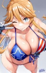 1girls ;p american_flag american_flag_bikini american_flag_print artist_name belko bikini blonde_hair blue_eyes blush breasts cleavage collarbone curvy dated flag_print front-tie_bikini_top front-tie_top gloves grey_background hi_res highres huge_breasts iowa_(kantai_collection) kantai_collection large_breasts long_hair looking_at_viewer navel one_eye_closed print_bikini simple_background solo stomach swimsuit symbol-shaped_pupils thick_thighs thighs tongue tongue_out twitter_username v wide_hips