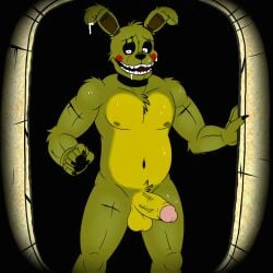 1boy ai_generated anthro balls dark_room erection fangs five_nights_at_freddy's flashlight fnaf furry green_body humanoid nude penis rabbit solo solo_focus springtrap_(fnaf)