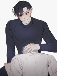 2boys alien_stage black_eyes black_hair black_pants black_shirt grey_hair hand_on_another's_head implied_fellatio ivan_(alien_stage) red_pupils short_hair t4o3q till_(alien_stage) white_shirt yaoi