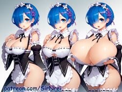 ai_generated artist_sirnrei ass ass ass_expansion big_ass blue_eyes blue_hair body_modification breast_expansion breasts female female female_only grabbing_breasts hourglass_expansion hourglass_figure huge_ass multiple_girls re:zero_kara_hajimeru_isekai_seikatsu rem_(re:zero) sirnrei transformation