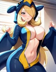 ai_generated blonde_hair cosplay cynthia_(pokemon) female garchomp garchomp_(cosplay) grey_eyes hair_over_one_eye indoors large_breasts long_hair long_sleeves navel no_bra onesie open_bodysuit parted_lips pokemon pokemon_(cosplay) pokemon_champion pokemon_costume pokemon_dppt pokemon_trainer round_breasts solo unzipped unzipped_bodysuit zorkpics