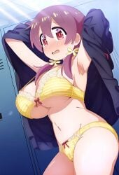 ai_generated armpits arms_up blush bra brown_hair clothes_lift embarrassed gigantic_breasts huge_bra huge_breasts light-skinned_female light_skin looking_at_viewer massive_breasts mr._nyazakura multicolored_hair murosaki_miyo onii-chan_wa_oshimai! panties pantyhose ponytail red_eyes solo_female squatting sweat sweatdrop thick_body thick_female voluptuous voluptuous_female