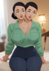 ai_generated asian conjoined conjoined_twins debbie_grayson deborah_grayson earrings green_shirt huge_breasts invincible large_breasts milf siamese_twins smiling tagme thick_thighs wtf