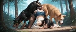 1girls 2boys ai_assisted ai_generated alterxone animal_genitalia animal_penis ass_to_ass ass_up canine dazed dogs female group head_down_ass_up hi_res high_resolution highres male original rolling_eyes tongue_out torn_clothes torn_pantyhose twintails wallpaper zoophilia