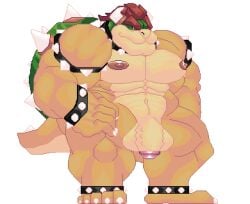 1boy animated anthro barazoku bowser bracelet clothing digital_media_(artwork) eyebrows feet flaccid genitals hair horn humanoid_genitalia idle_animation jewelry koopa legwear loop low_res male male_only manly mario_(series) mature mature_anthro mature_male moobs morinetsu mugen muscular muscular_anthro muscular_male necklace nintendo nipples penis pixel_(artwork) red_hair reptile scalie shell short_playtime solo solo_focus solo_male tail tail_motion thigh_highs yellow_body