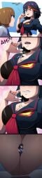 3girls between_breasts big_breasts bra comic kill_la_kill kiryuuin_satsuki mankanshoku_mako matoi_ryuuko midriff necklace ravenravenraven shrunken_female striped_bra