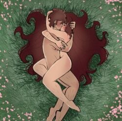 adam_(hazbin_hotel) adam_and_eve artist_request closed_eyes completely_nude eve_(hazbin_hotel) garden_of_eden grass hazbin_hotel hugging kissing lying_down male missionary_position nude_female nude_male source_request