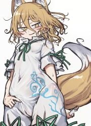 absurdres animal_ear_fluff animal_ears arm_behind_back blonde_hair blush breasts cameltoe cleft_of_venus commentary_request female fox_ears fox_girl fox_tail green_ribbons hair_between_eyes highres holding holding_test_tube knees_out_of_frame kudamaki_tsukasa looking_down messy_hair midriff parted_lips piaki pussy ribbon romper see-through_clothes short_hair short_sleeves simple_background small_breasts solo standing sweat tail test_tube touhou two-tone_tail white_background white_fur white_romper yellow_eyes