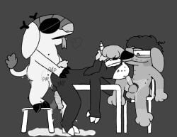 2_toes 3_fingers 3_toes 6_nipples animal_genitalia animal_penis anterior_nasal_aperture ass balls balls_fondling balls_grab big_balls bird_dog bodily_fluids bovid breath caleb_(normal_guys) canid canine canine_genitalia canine_penis canis caprine chair claws closed_eyes cum cum_drip cum_on_ass cum_on_butt cum_on_feet cum_pool curling_toes domestic_dog domestic_goat dripping equine_genitalia equine_penis eye_roll facial_hair feet fellatio fingers fondling forked_horn forked_tongue fur fur_markings furniture genital_fluids genitals goat group hair hand_on_ass hand_on_butt hand_on_head hi_res horn hunting_dog leaking_cum long_ears male male/male mammal marco_(normal_guys) markings messy messy_hair motion_lines moustache multi_nipple nick_(normal_guys) nipples normal_guys on_table oral penile penis pubes pygmy_goat raised_head raised_tail scales sex sheath size_difference skinny slightly_chubby small_dom_big_sub smaller_penis_but_dominant smile spitroast stool swinging_penis table tail tail_tuft toe_claws toes tongue toony trio tuft unknown_species zedogica