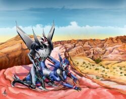 1boy 1girls ameban arcee arcee_(prime) desert from_behind outdoors robot starscream straight transformers transformers_prime