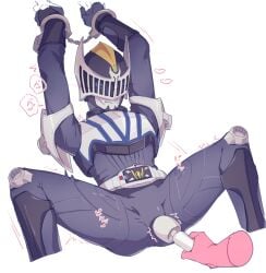 1boy armor armored_male arms_above_head arms_up bat belt blue_armor blue_eyes blush blush_lines blushing_through_mask bodysuit bodysuit_bulge bondage disembodied_hand erection handcuffed handcuffs heart heart_symbol hearts helmet helmet_with_visor hi_res japanese_text kamen_rider kamen_rider_knight kamen_rider_ryuki_(series) legs_apart legs_spread looking_down looking_down_at_self male male_focus male_only mask masked masked_male onomatopoeia text tremble_lines tremble_spikes trembling twitching vibration vibrator vibrator_on_penis