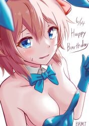 1female 1girls bare_shoulders birthday blue_bowtie blue_eyes blue_gloves boobs bowtie bowtie_collar breasts brolymatsumoto_(artist) bunny_ears bunny_suit bunnysuit cleavage collar doki_doki_literature_club english_text female gloves sayori_(doki_doki_literature_club) sideboob strawberry_blonde_hair text