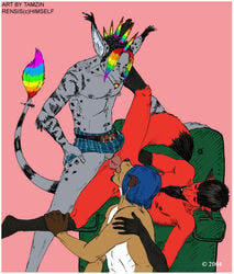 2004 anal anthro canine furry group group_sex ives kilt loveseat male mammal maned_wolf mohawk multicolored_hair oral rainbow_hair rensis sex syringe tamzin threesome yaoi