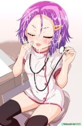 after_ejaculation bar_censor black_thighhighs blush bokutachi_wa_benkyou_ga_dekinai bukkake censored chair closed_eyes commission cum cum_on_body cum_on_clothes cum_on_hair desk dress facial female hair_between_eyes hands_up highres holding holding_stethoscope kominami_asumi large_variant_set nekosaki nurse office_chair on_chair panties pantyshot paper pixiv_commission puffy_short_sleeves puffy_sleeves purple_hair short_sleeves sitting stethoscope swivel_chair thighhighs thighs underwear variant_set white_dress white_panties