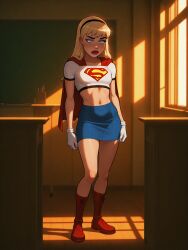 ai_generated blonde_female blonde_hair classroom clothed_female costume dc dc_comics female justice_league justice_league_unlimited kara_zor-el solo supergirl superhero