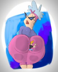 1boy1girl ass bunny_bravo butt_crush cartoon_network giantess gilf grabbing_ass h3357t huge_ass johnny_bravo johnny_bravo_(series) leggings lipstick miniboy mother_and_son pink_leggings smaller_male stuck_in_ass sunglasses worried_expression