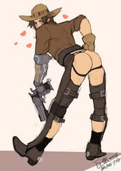 1boy ass baire body_hair boots cole_cassidy cowboy full_body gun hat male_only overwatch presenting solo weapon