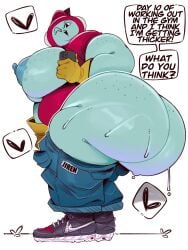 1girls ass ass_focus bbw blue_jeans breasts_out dragon_ball_super huge_ass huge_breasts looking_at_viewer overweight_female panties_down pants_down phone posing_for_picture ribrianne sneakers sweating taking_picture