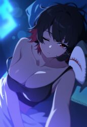 1girls bed breasts busty cleavage collarbone ellen_joe female large_breasts night pillow plushie shark shark_girl short_hair sleepy solo strap_slip tank_top wink winking_at_viewer zenless_zone_zero