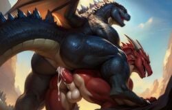 ai_generated anthro anthro_on_anthro balls ballsack cum cum_in_ass erect_penis erection godzilla male/male male_penetrating male_penetrating_male multicolored_body muscles muscular muscular_anthro muscular_male naked naked_male nude nude_anthro nude_male scales spikes tail