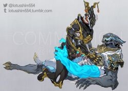 2boys 4_arms cowboy_position cum cum_on_body cum_on_penis double_handjob gay gay_sex grabbing_ass handjob harrow_(warframe) lotusshim554 nidus_(warframe) sex warframe