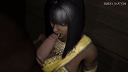 3d animated big_penis black_hair breasts dark-skinned_female dark_skin erection eyebrows eyeshadow female interracial licking mortal_kombat mortal_kombat_x netherrealm_studios open_mouth partial_male short_hair smexynation source_filmmaker tanya_(mortal_kombat) tongue tongue_out white_eyes