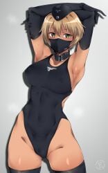 1girls armpits arms_behind_head bitch blonde_hair brave_witches dark-skinned_female em_(totsuzen_no_hakike) garrison_cap gloves hat large_breasts mask one-piece_swimsuit short_hair swimsuit waltrud_krupinski world_witches_series