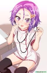 after_ejaculation bar_censor black_thighhighs blush bokutachi_wa_benkyou_ga_dekinai bukkake censored chair commission cum cum_on_body cum_on_clothes cum_on_hair desk dress facial female hair_between_eyes hands_up highres holding holding_stethoscope kominami_asumi large_variant_set nekosaki nurse office_chair on_chair panties pantyshot paper pixiv_commission puffy_short_sleeves puffy_sleeves purple_eyes purple_hair short_sleeves sitting stethoscope swivel_chair thighhighs thighs underwear variant_set white_dress white_panties