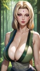 1lifepoint ai_generated blonde_hair brown_eyes cleavage highres huge_breasts lipstick looking_at_viewer mature_female milf naruto naruto_(series) patreon thin_waist tsunade