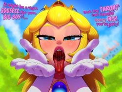 bedroom_eyes blonde_hair brooch clothed cupped_hands deepthroat_invitation dirty_talk dress english_text gloves illumination_entertainment lipstick mario_(series) mouth_fetish nintendo open_mouth oral oral_invitation princess_peach royalty saliva super_mario_bros. super_mario_bros._(2023_film) text theboogie tongue_out universal_pictures universal_studios