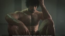 3d 3d_model amnesia black_hair capcom carlos_oliveira dazed male male_focus male_only naked nude resident_evil resident_evil_3_remake solo solo_male tan-skinned_male tan_skin waking_up whitelemon