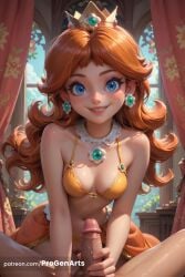 1boy 1boy1girl 1girls ai_generated artist_name bikini blue_eyes bra breasts brown_hair crown curtains detached_collar earrings erection freckles gem handjob hi_res indoors jewelry lips long_hair looking_at_viewer mario_(series) medium_breasts navel nintendo orange_bikini orange_bra orange_panties panties patreon_logo patreon_username penis pov princess_daisy progenarts smile solo_focus straight super_mario_bros. swimsuit testicles uncensored underwear veins veiny_penis watermark web_address window