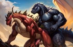 ai_generated anthro anthro_on_anthro balls ballsack cum cum_in_ass erect_penis erection godzilla male/male male_penetrating male_penetrating_male multicolored_body muscles muscular muscular_anthro muscular_male naked naked_male nude nude_anthro nude_male scales spikes tail